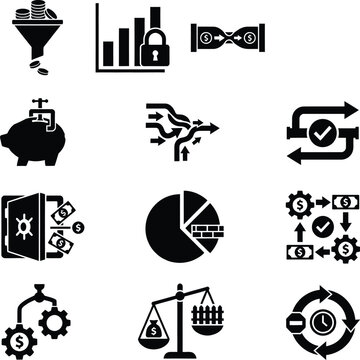 Collection of finance and business icons including savings investments and money management