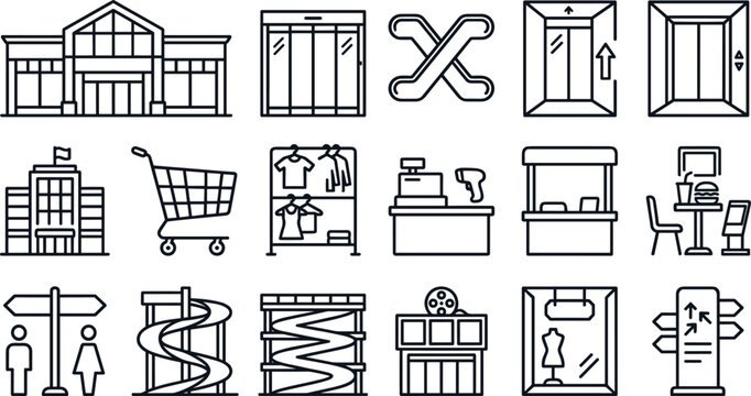 Retail and commercial facility line icons set featuring shopping mall elevators stores kiosks navigation and services