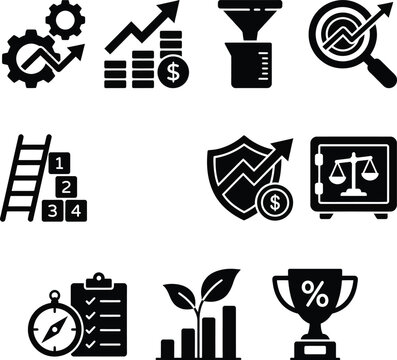 Business growth and finance icons set for marketing and investment strategies