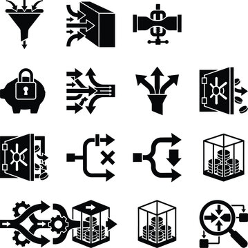 Collection of 14 black and white icons related to finance security and data flow