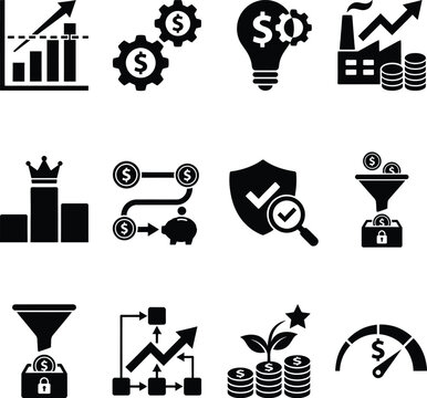 Collection of black and white business and finance icons