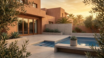 Obraz premium Elegant Mediterranean Patio with Smooth Concrete Textures and Olive Branches at Golden Hour, Architectural Background for Product Placement