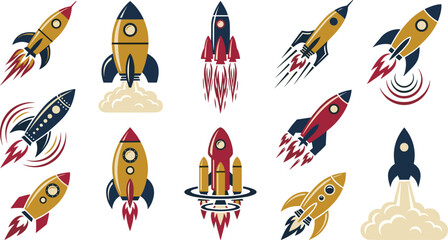 Rocket launch and space startup collection featuring spacecraft takeoff exploration innovation and aerospace technology illustrations © Prodip