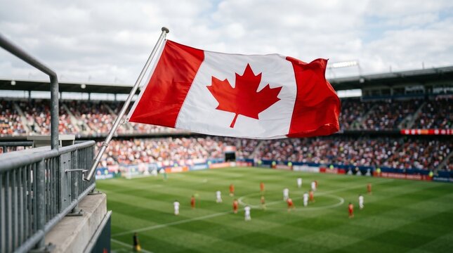 Drapeau du Canada flottant dans un stade rempli lors d'un championnat de football