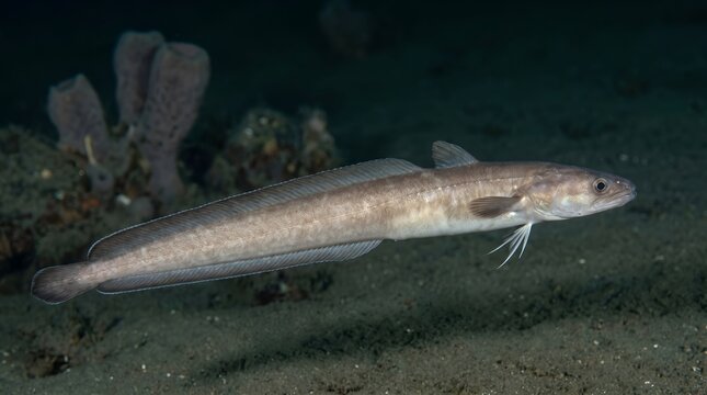 Deep sea cusk eel fish swimming over the ocean floor.