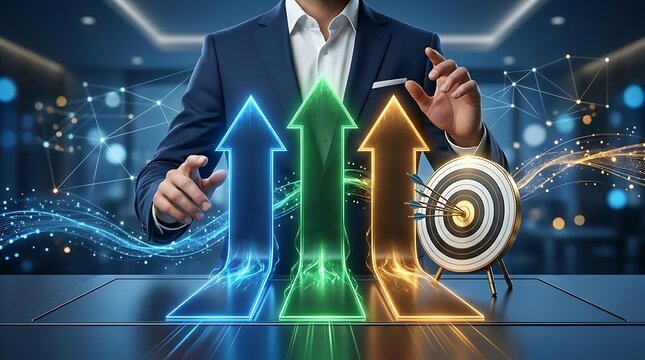 Business executive analyzing upward glowing arrows and bullseye target demonstrating successful financial growth strategy and profit performance.