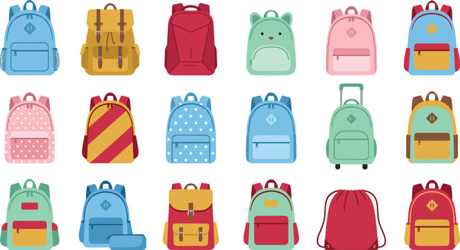 School backpack collection featuring colorful student bags travel packs and educational accessories isolated on background