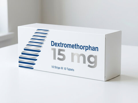 Generic white box of Dextromethorphan 15mg tablets for cough relief