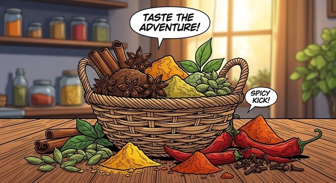 Spice basket on wooden table.