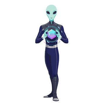 An alien in a futuristic suit holding a glowing cube.