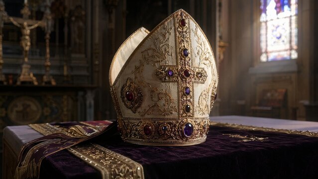 A bishop's ceremonial hat resting on dark velvet cloth, gemstones gleaming.