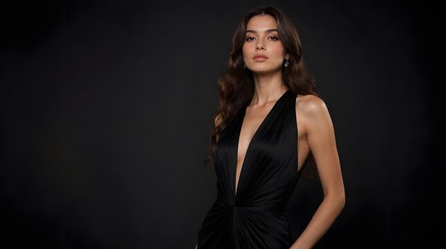 Elegant Young Woman in Black Evening Gown Posing in Studio