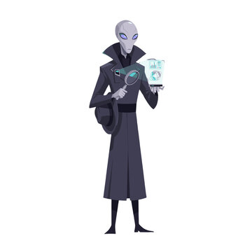 An alien in a formal suit holds a magnifying glass and a futuristic tablet, appearing to be an intergalactic investigator.