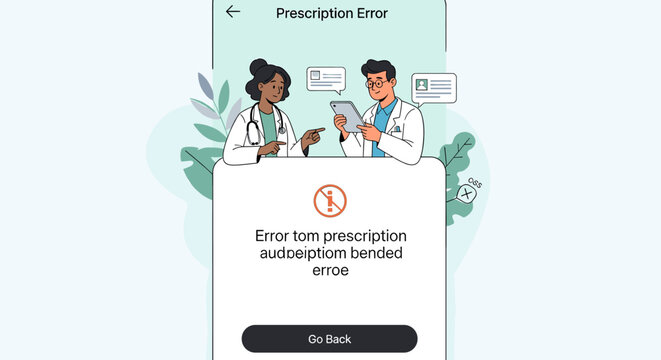 Illustration showing a medical prescription error screen on a mobile application interface.