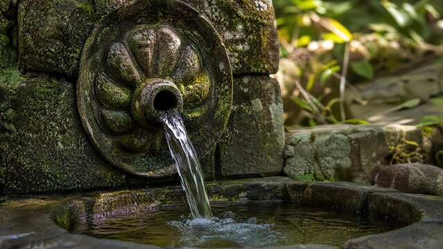 Close-up of an ancient mossy stone wellhead with water flowing into a basin.