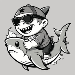 Naklejka premium Whimsical child with sunglasses rides a cartoon shark during summer fun