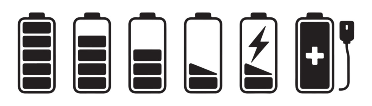 Battery charge icons illustrating various states of energy from empty to full capacity.