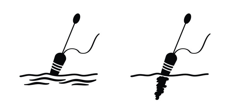 A bobber floating in the water, with soft concentric ripples around it and a fishing line. For Fishhook or fish hook concept. Fish wobbler. National go fishing day.