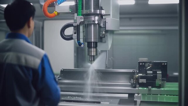 防護具を着用し、複雑な金属フライス加工プロセスを監視するCNCオペレーター