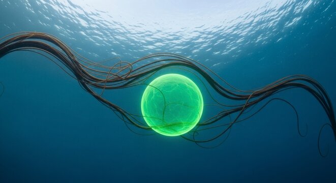 Glowing Green Orb Tangled in Floating Seaweed Tendrils Underwater with Blue Ocean Background