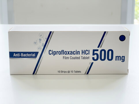 Ciprofloxacin HCl 500 mg antibiotic medicine box in a clinical setting