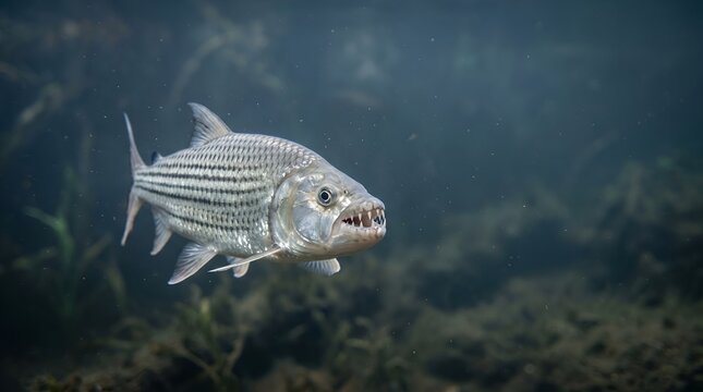 Goliath Tigerfish Swimming in Dark River Water.