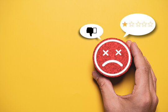 Customer dissatisfaction concept with negative feedback, low rating review, and poor user experience. Symbolizing service quality issues, complaints, reputation management, and customer support.