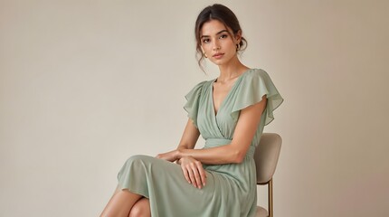 Obraz premium Elegant Young Woman in Sage Green Dress Posing Gracefully on Beige Chair