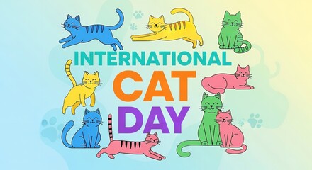 Fototapeta premium International cat day greeting card with colorful cartoon cat illustrations