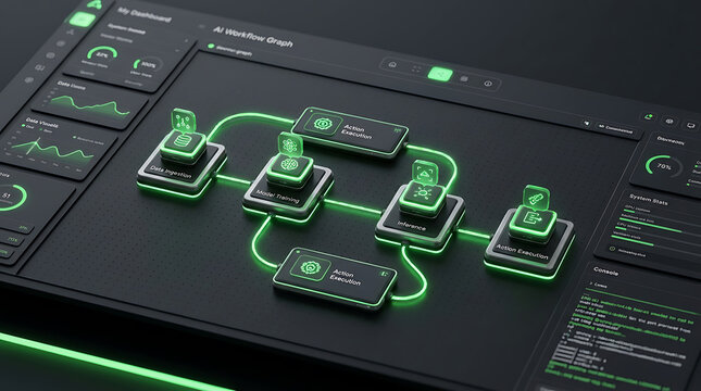 Artificial intelligence workflow graph interface with glowing data ingestion, model training, and inference nodes in a futuristic dashboard 3d rendering