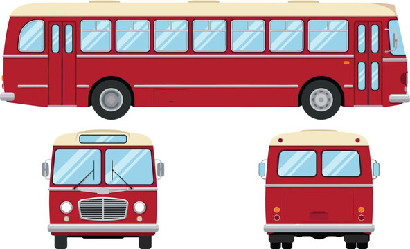 Vintage red city bus vector illustration featuring front side and rear views isolated on transparent background