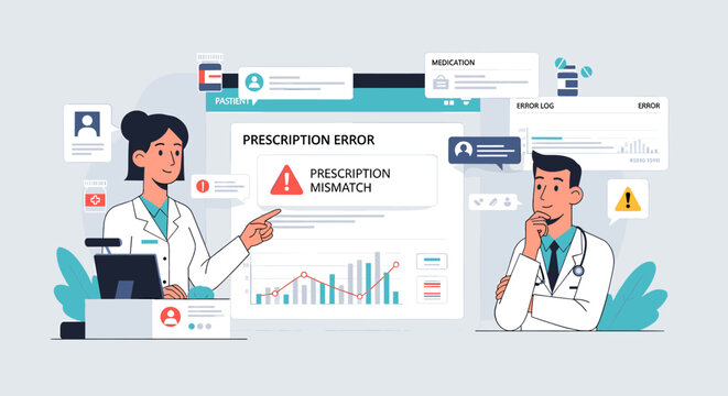 Medical professionals analyzing a prescription error on a digital interface in a modern healthcare setting.