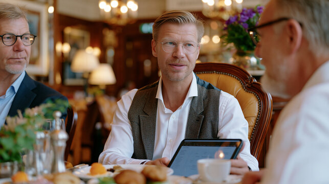 Angel investor due diligence follow up meeting in upscale private members club interior, founder presenting updated financial model on tablet to two investors over breakfast, formal capital conversa