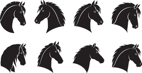 Detailed horse head silhouettes with flowing manes representing power and elegance for equestrian sports logo. © Sheplob