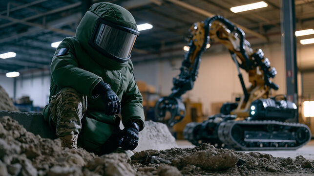 Bomb disposal technician in blast-resistant gear kneeling behind a concrete barrier as a remote-controlled tracked robot extends its manipulator arm toward a suspicious device on an empty warehouse 