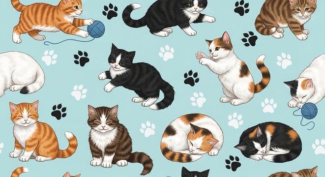 Collection of playful kittens with paw prints in pastel blue, cute animal