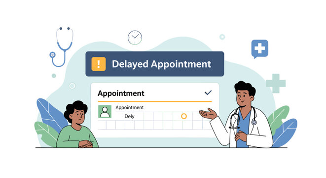Doctor explaining a delayed medical appointment to a patient in a clinic setting.