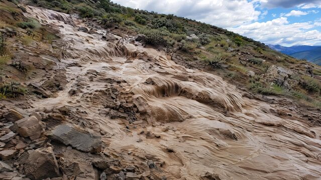Muddy slurry flowing down a hillside, creating viscous patterns in natural daylight.