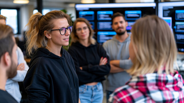 Growth hacking ethics training session for new marketing hires gathered in semicircle around presenter, responsible acquisition framework on screen, startup scaling responsibly with compliance docum