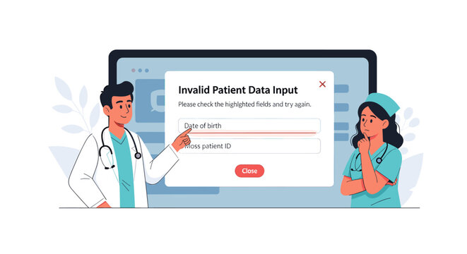 Medical professionals looking at a computer screen showing an invalid patient data input error message.