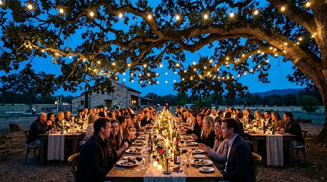 Elegant outdoor dinner party under a large oak tree at twilight