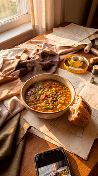 Healthy vegetable soup bowl on rustic sunlit home office desk