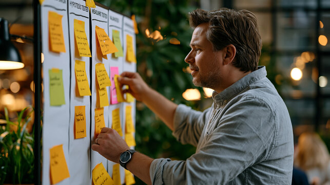 Lean startup build measure learn cycle depicted through product manager moving sticky note cards between hypothesis tested and validated columns on physical kanban wall inside spare industrial start