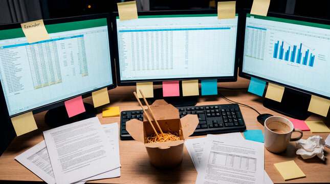 Chinese takeout noodles among trading spreadsheets at multi monitor desk
