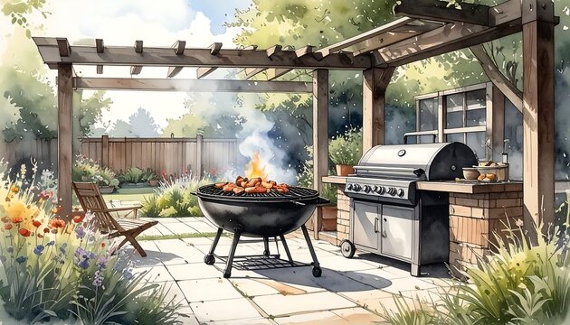 Sunny Backyard Barbecue Grill Smoking on Stone Patio Under Wooden Pergola