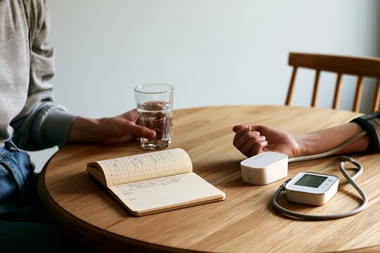 Person checking blood pressure, recording health data at home