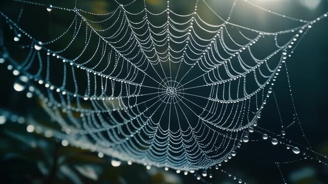暗く影のある森を背景に、小さな光る水滴で覆われた複雑な蜘蛛の巣