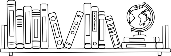 Outline illustration of a bookshelf with books and a globe on a shelf © Ahmad