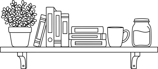 Minimalist bookshelf with plant, books, mug, and jar - line art illustration © Ahmad