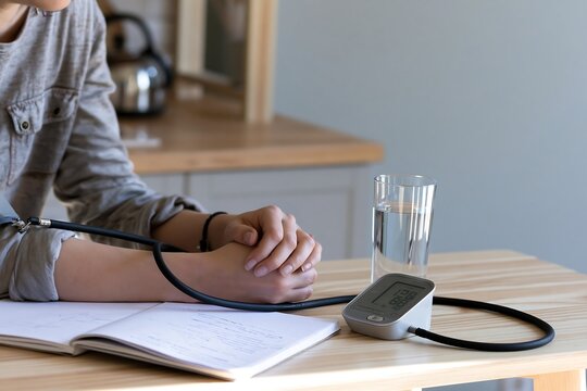Person checking blood pressure with home monitor